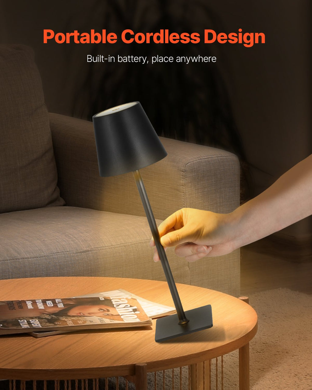 Cordless Table Lamp 2-Pack 5200mAh Built-in Rechargeable Battery Desk Lamp Black
